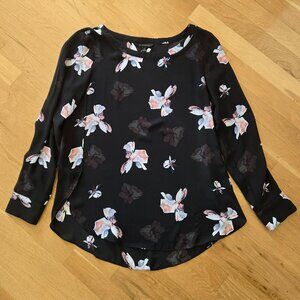Banana Republic Floral Print on Black Long-Sleeve Blouse